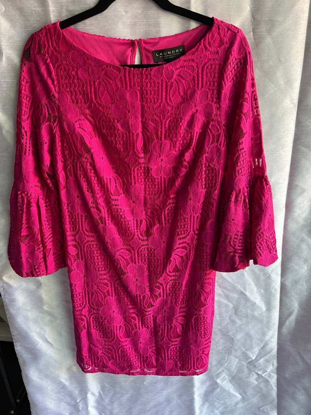 NWT Laundry By Shelli Segal Hot Pink Floral Lace Bell Sleeve lined  Dress size 4